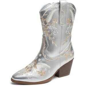 ANJOUFEMME Women’s Cowboy Boots, Chunky Heel, Mid-Calf, Pointy Toe, Side Zip